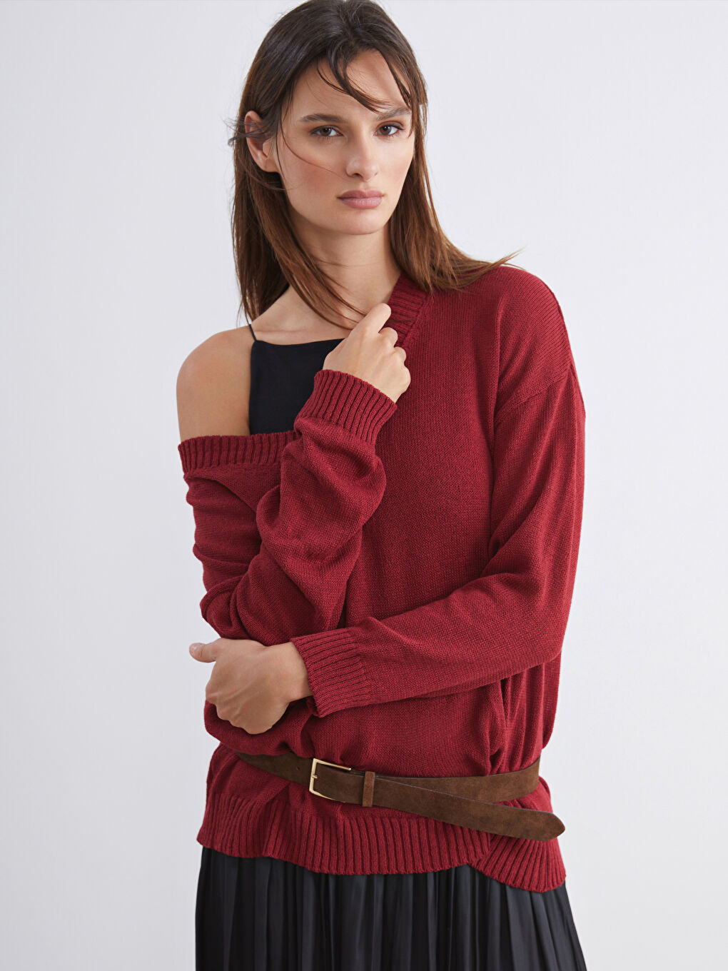 Bordo V Yaka Oversize Kadın Triko Kazak