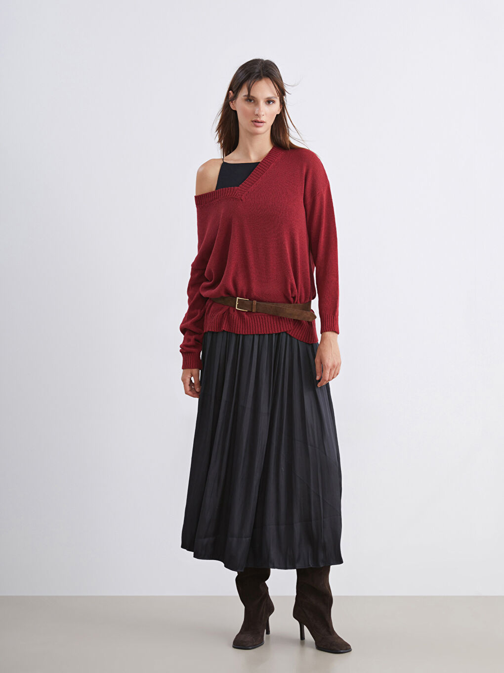 Bordo V Yaka Oversize Kadın Triko Kazak-1