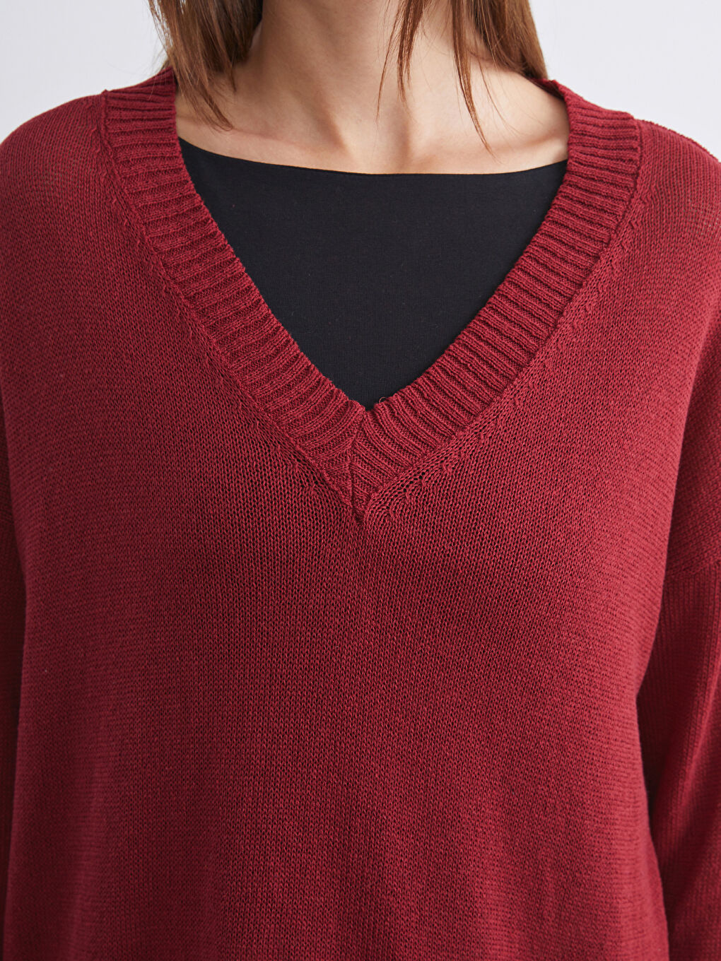 Bordo V Yaka Oversize Kadın Triko Kazak-2