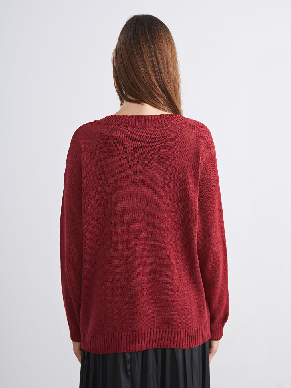 Bordo V Yaka Oversize Kadın Triko Kazak-3