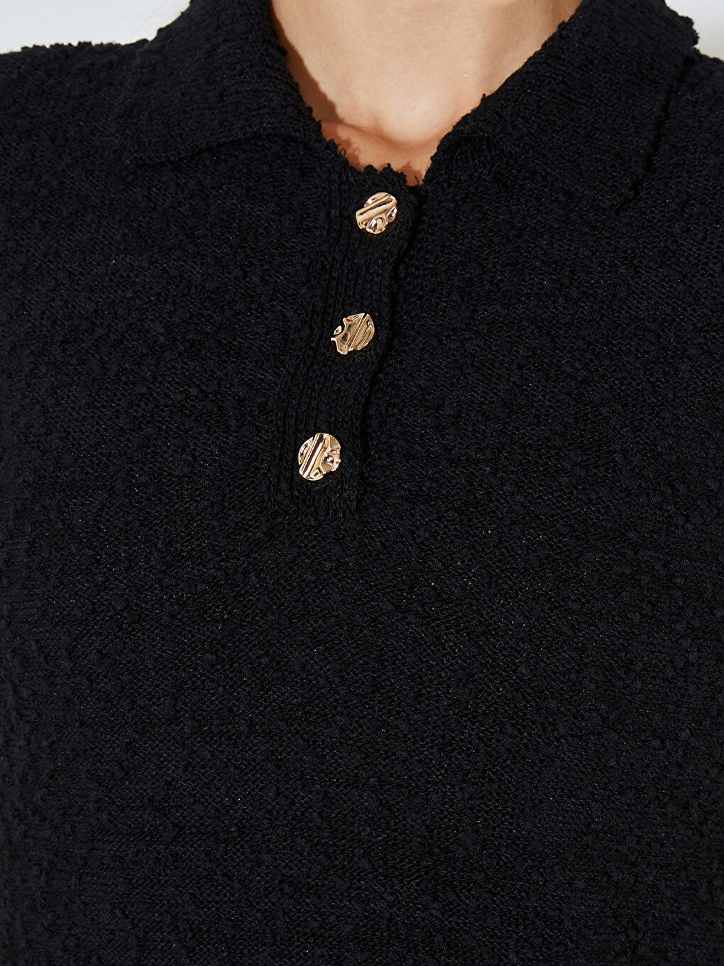 Siyah Polo Yaka Dokulu Triko Mini Elbise-2