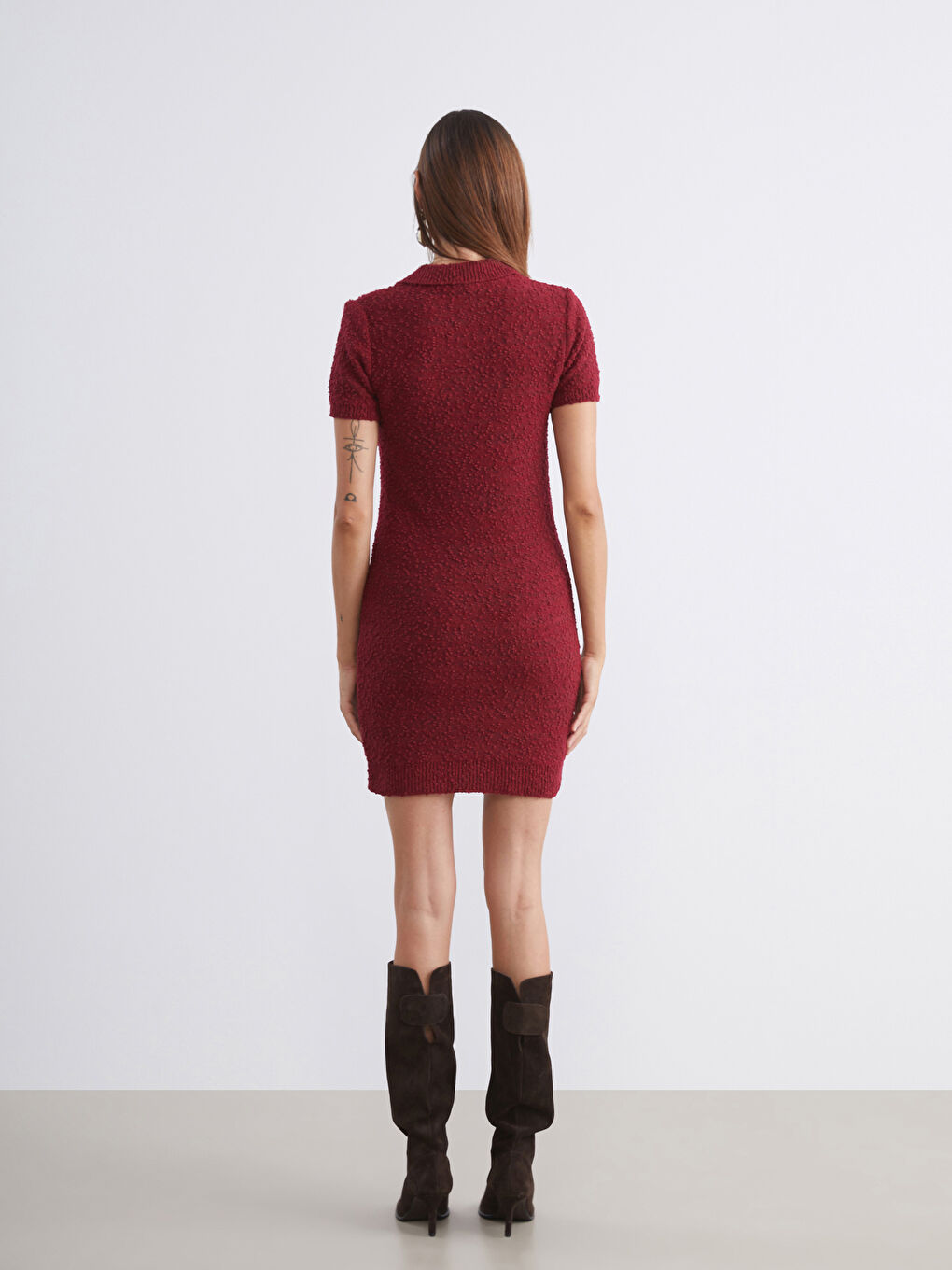 Bordo Polo Yaka Dokulu Triko Mini Elbise-3