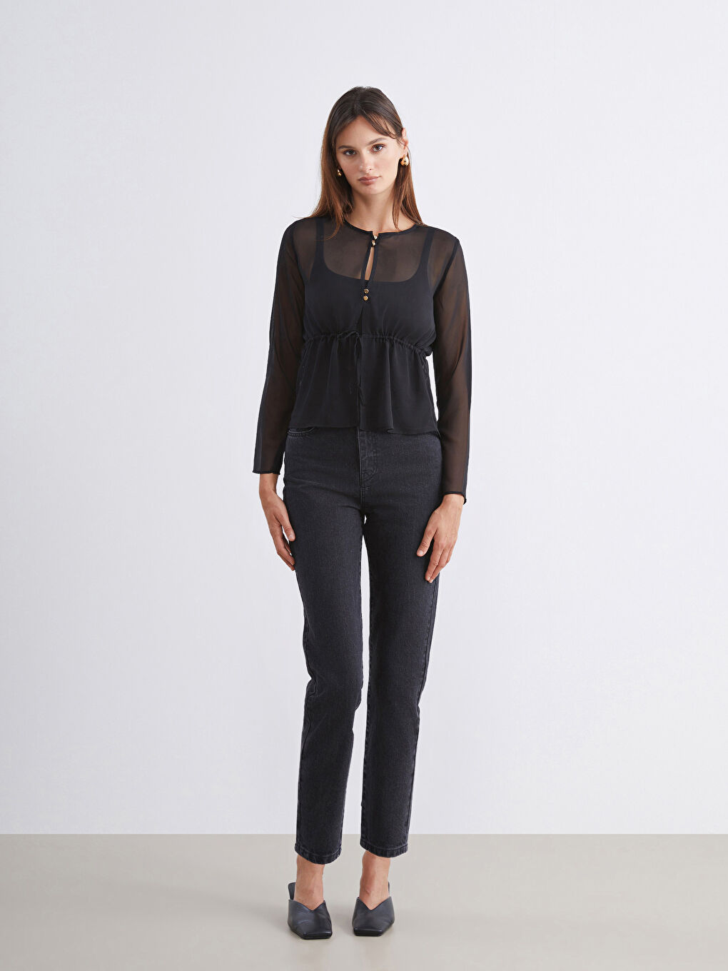 Siyah Bisiklet Yaka Transparan Bluz-1