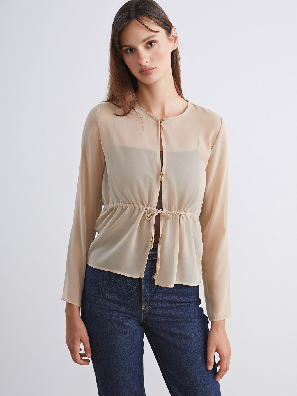 Bej Bisiklet Yaka Transparan Bluz