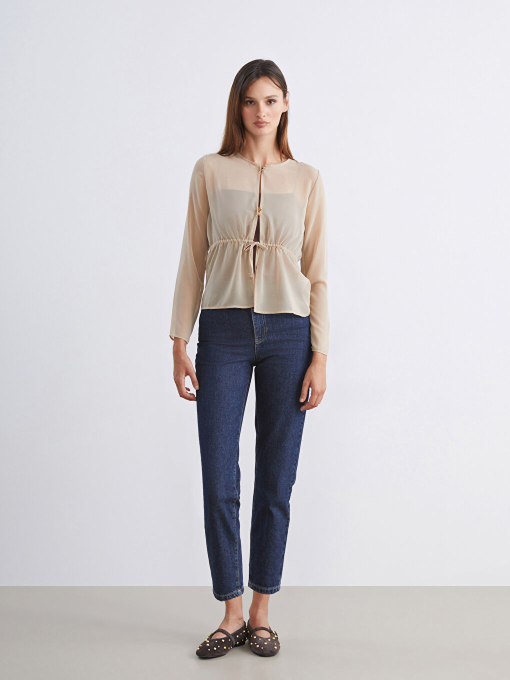 Bej Bisiklet Yaka Transparan Bluz-1