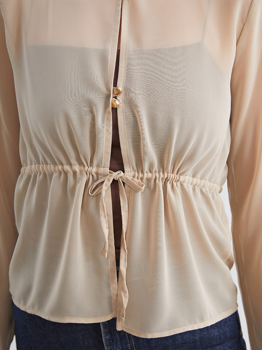 Bej Bisiklet Yaka Transparan Bluz-2