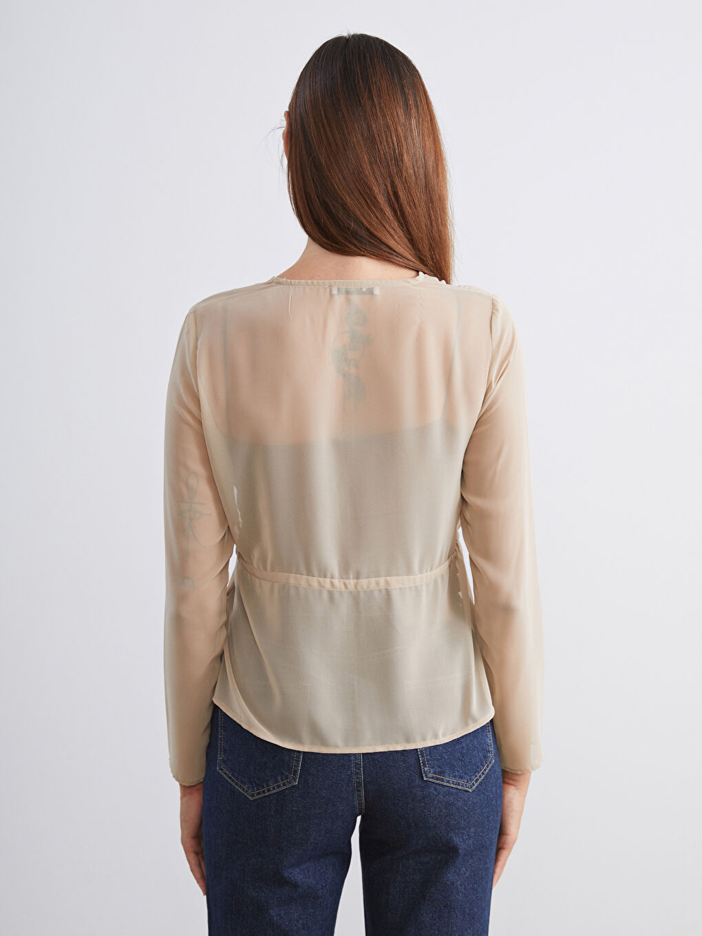 Bej Bisiklet Yaka Transparan Bluz-3