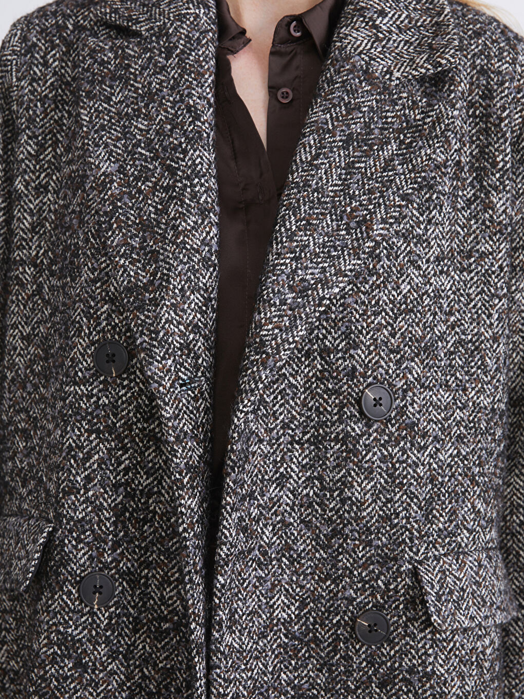 Siyah Ceket Yaka Balıksırtı Desenli Kadın Kaşe Kaban-2