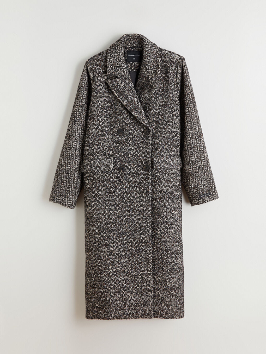 Siyah Ceket Yaka Balıksırtı Desenli Kadın Kaşe Kaban-5