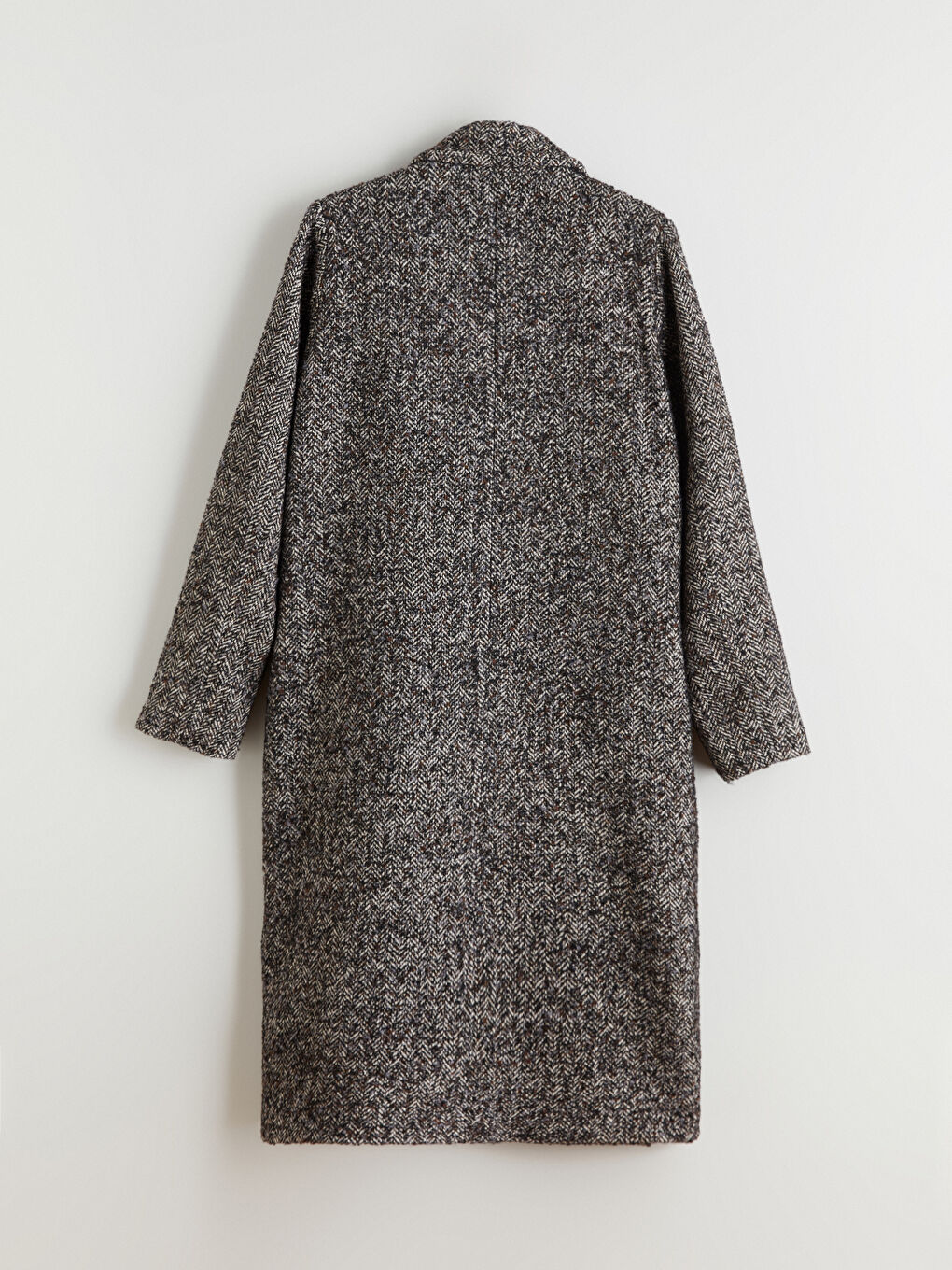 Siyah Ceket Yaka Balıksırtı Desenli Kadın Kaşe Kaban-7