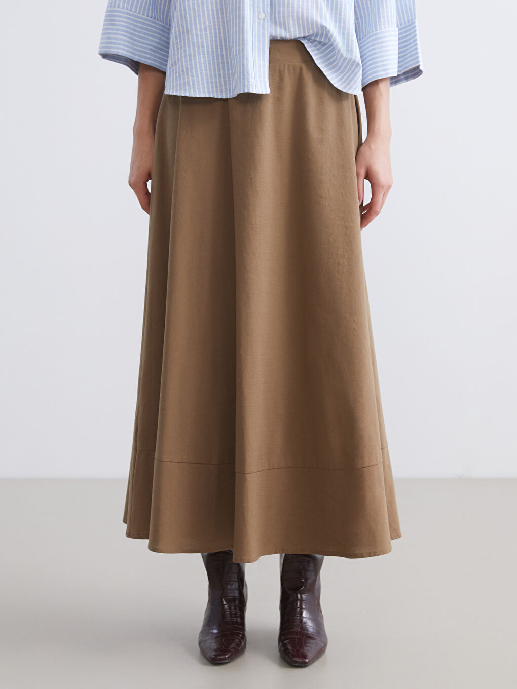 Kahverengi Beli Lastikli Kloş Etek-1