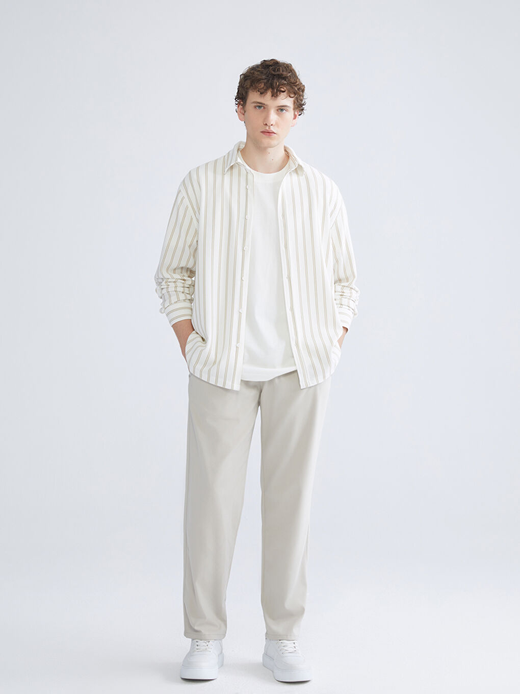 Bej Regular Fit Uzun Kollu Çizgili Erkek Gömlek-1