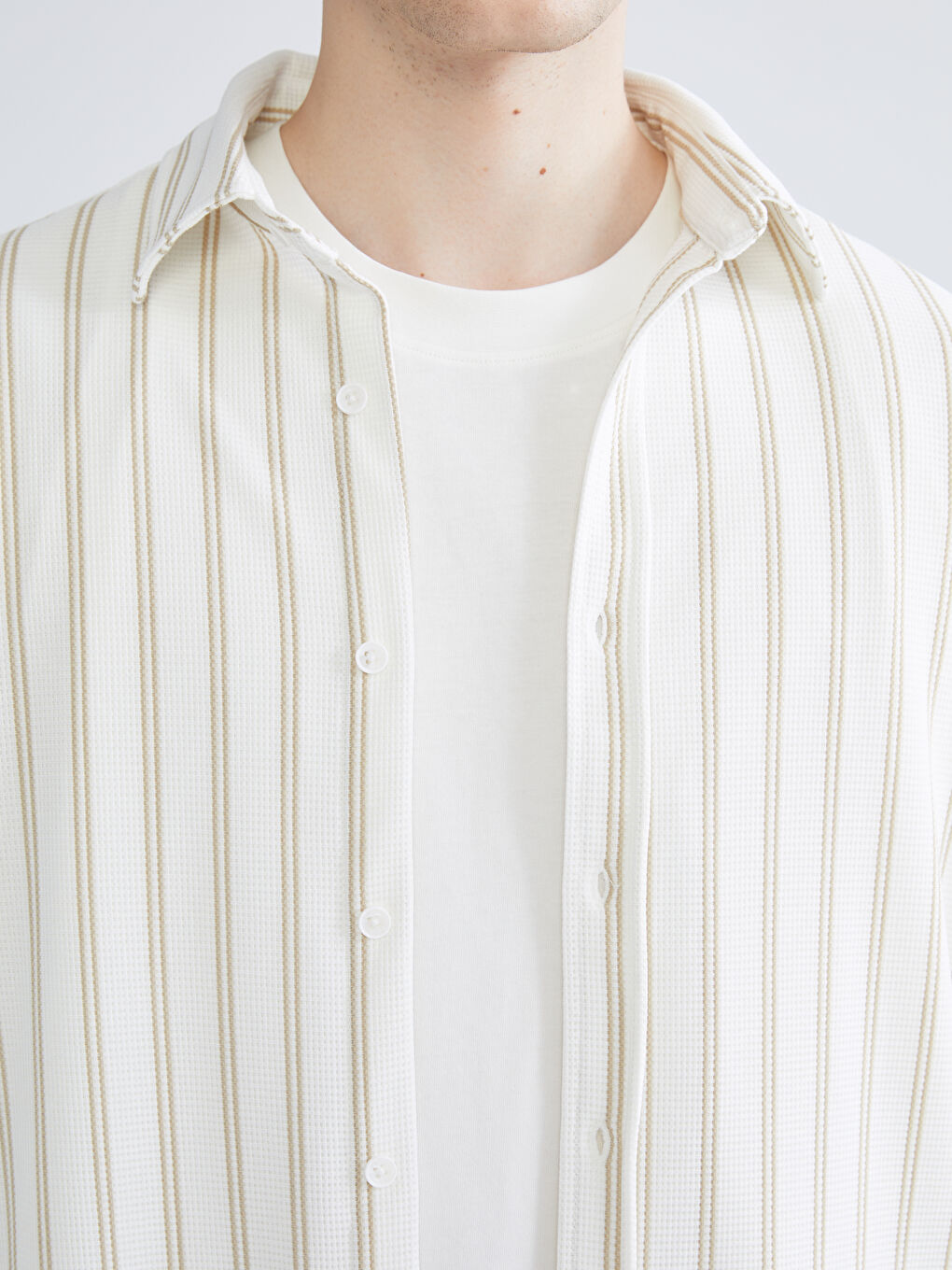 Bej Regular Fit Uzun Kollu Çizgili Erkek Gömlek-2