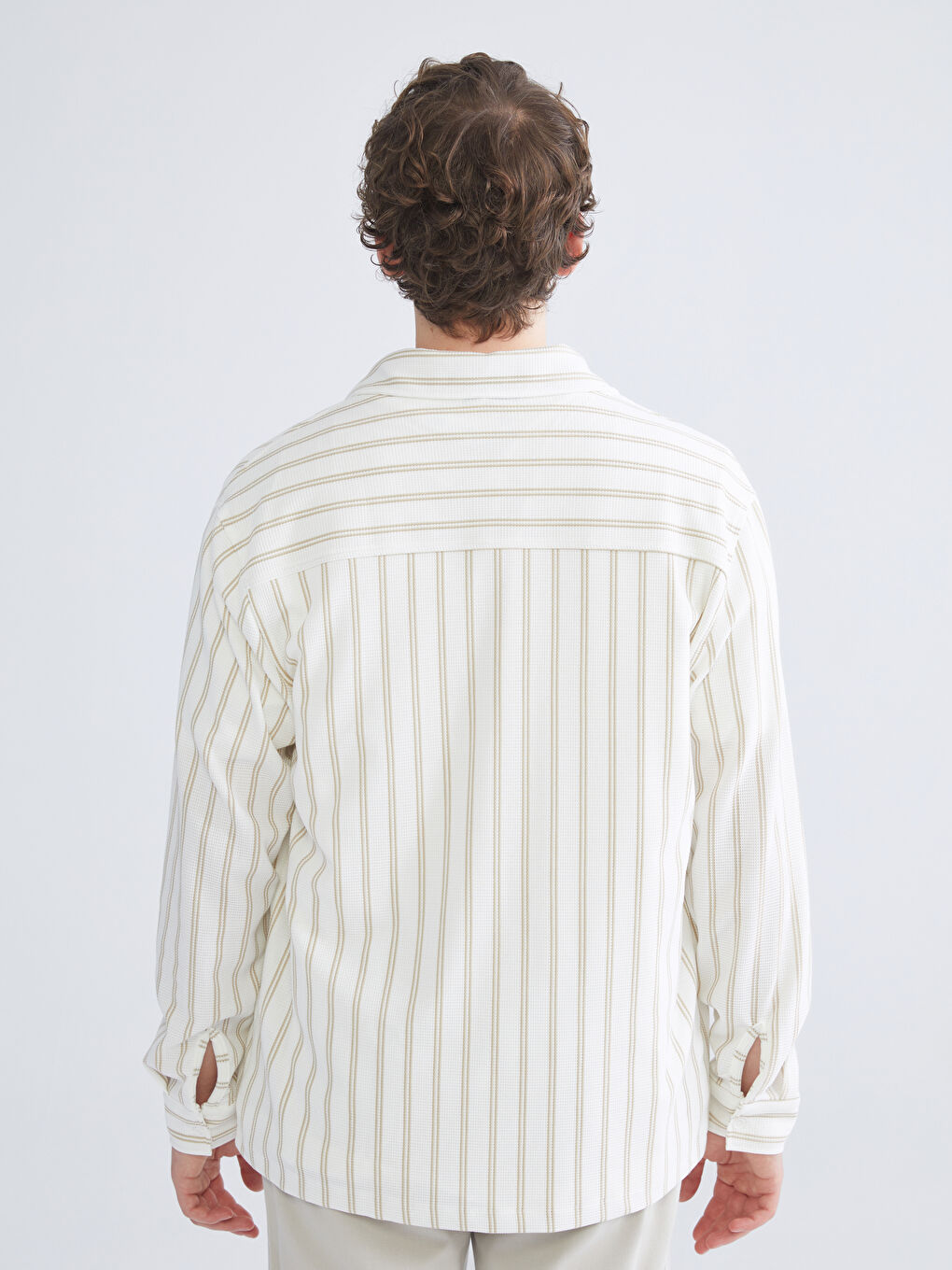 Bej Regular Fit Uzun Kollu Çizgili Erkek Gömlek-3