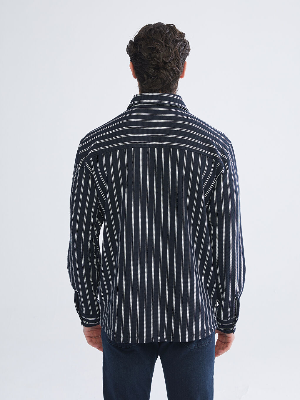 Lacivert Regular Fit Uzun Kollu Çizgili Erkek Gömlek-3