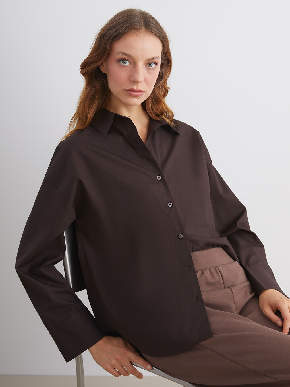 Kahverengi Poplin Kadın Gömlek