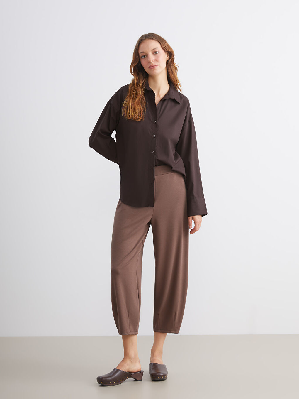 Kahverengi Poplin Kadın Gömlek-5