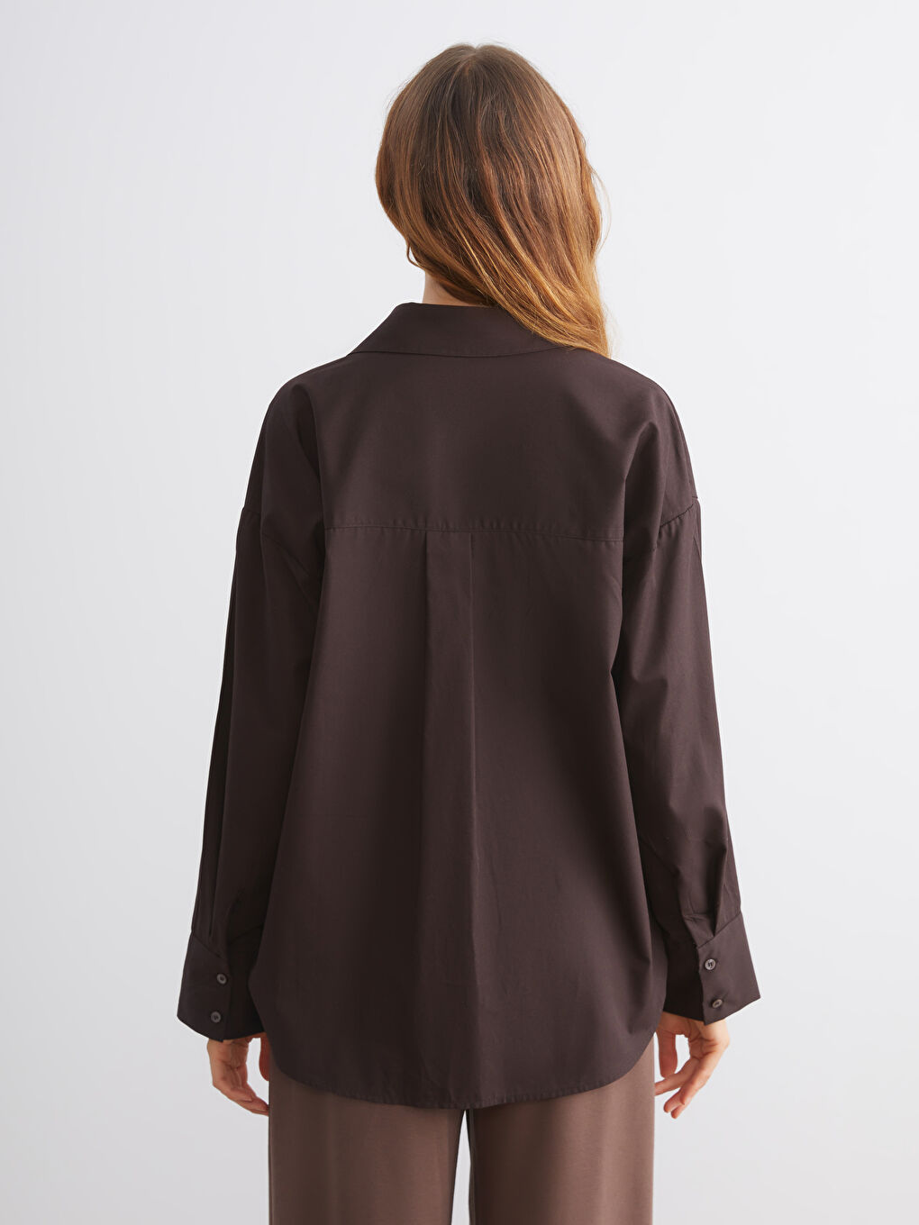 Kahverengi Poplin Kadın Gömlek-10