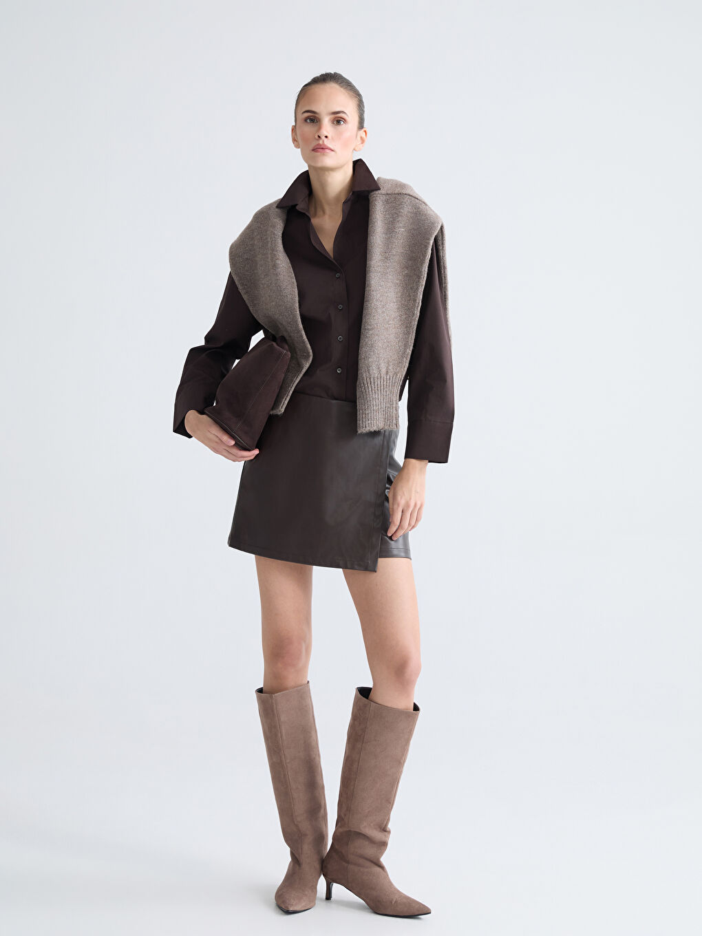 Kahverengi Poplin Kadın Gömlek-3