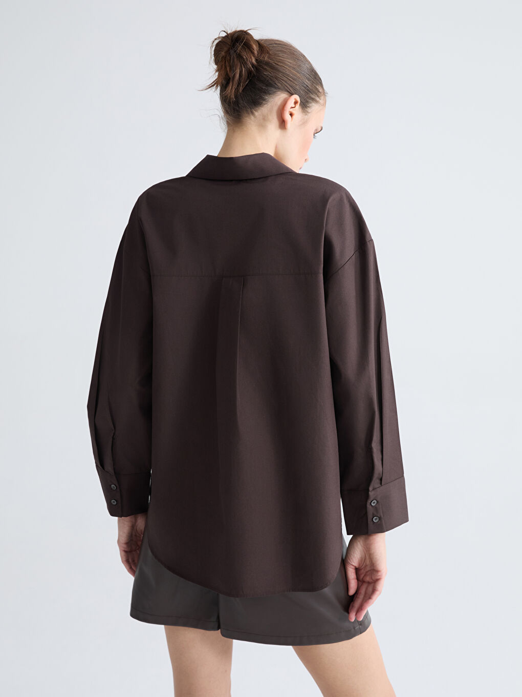 Kahverengi Poplin Kadın Gömlek-8