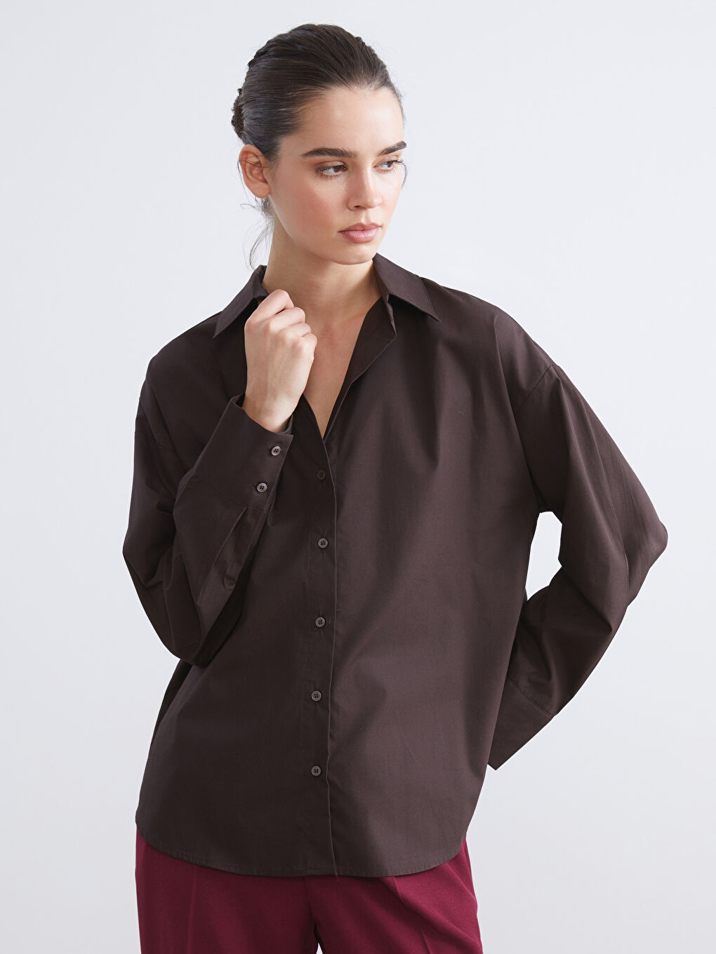 Kahverengi Poplin Kadın Gömlek-1