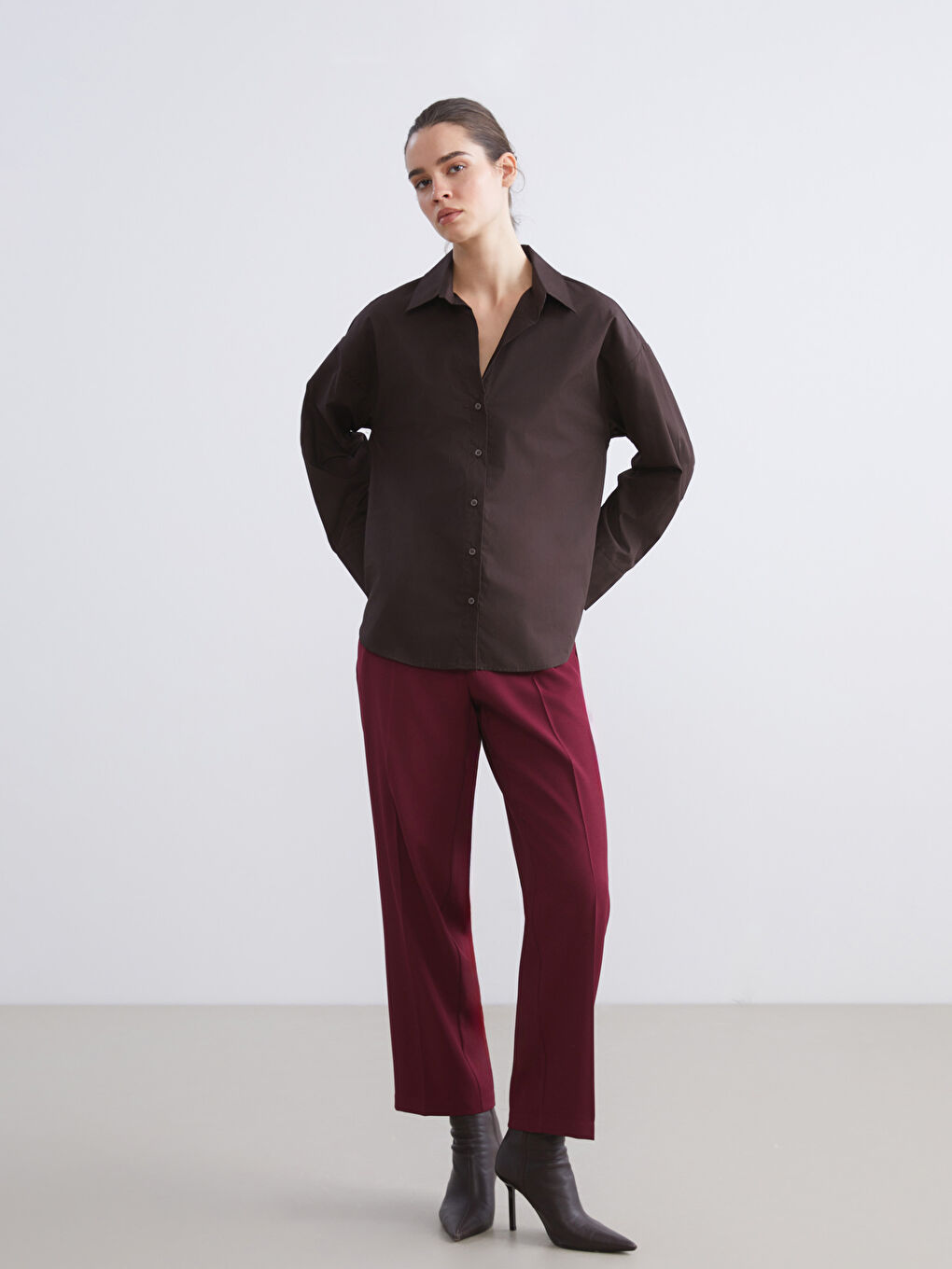 Kahverengi Poplin Kadın Gömlek-4