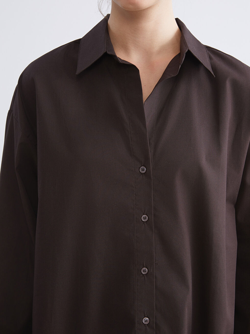 Kahverengi Poplin Kadın Gömlek-6