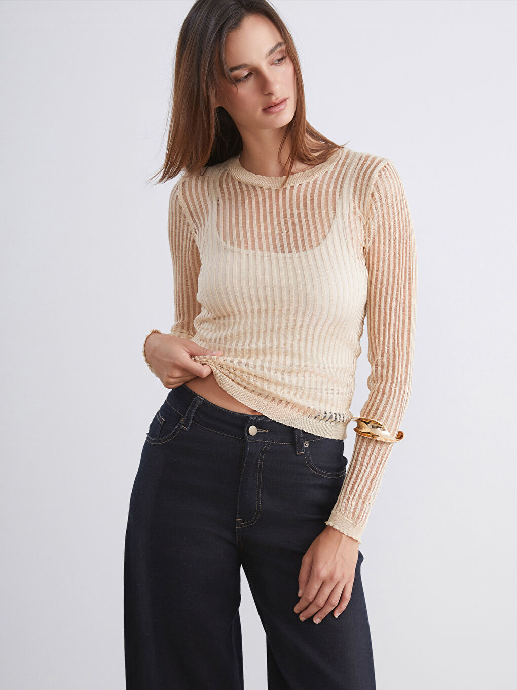 Sarı Bisiklet Yaka Ajurlu Kadın Triko Kazak