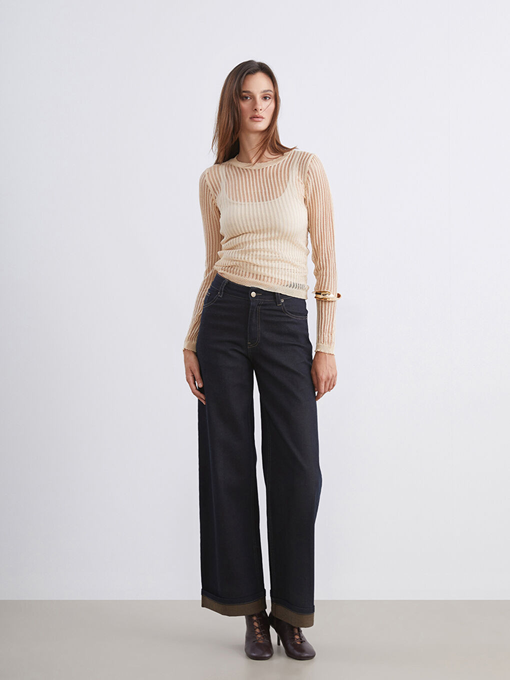 Sarı Bisiklet Yaka Ajurlu Kadın Triko Kazak-1