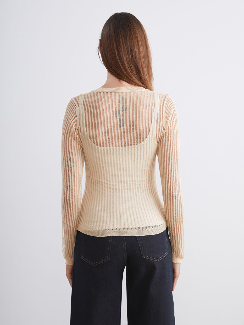 Sarı Bisiklet Yaka Ajurlu Kadın Triko Kazak-3