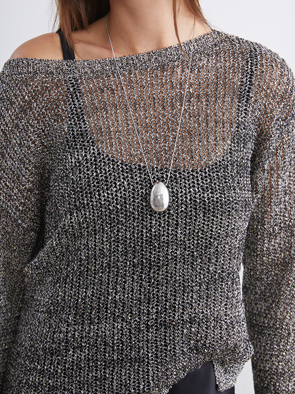 Gri Kayık Yaka Ajurlu Kadın Triko Kazak-2