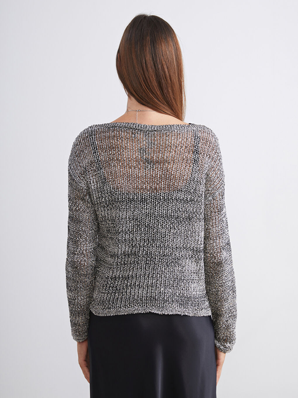 Gri Kayık Yaka Ajurlu Kadın Triko Kazak-3