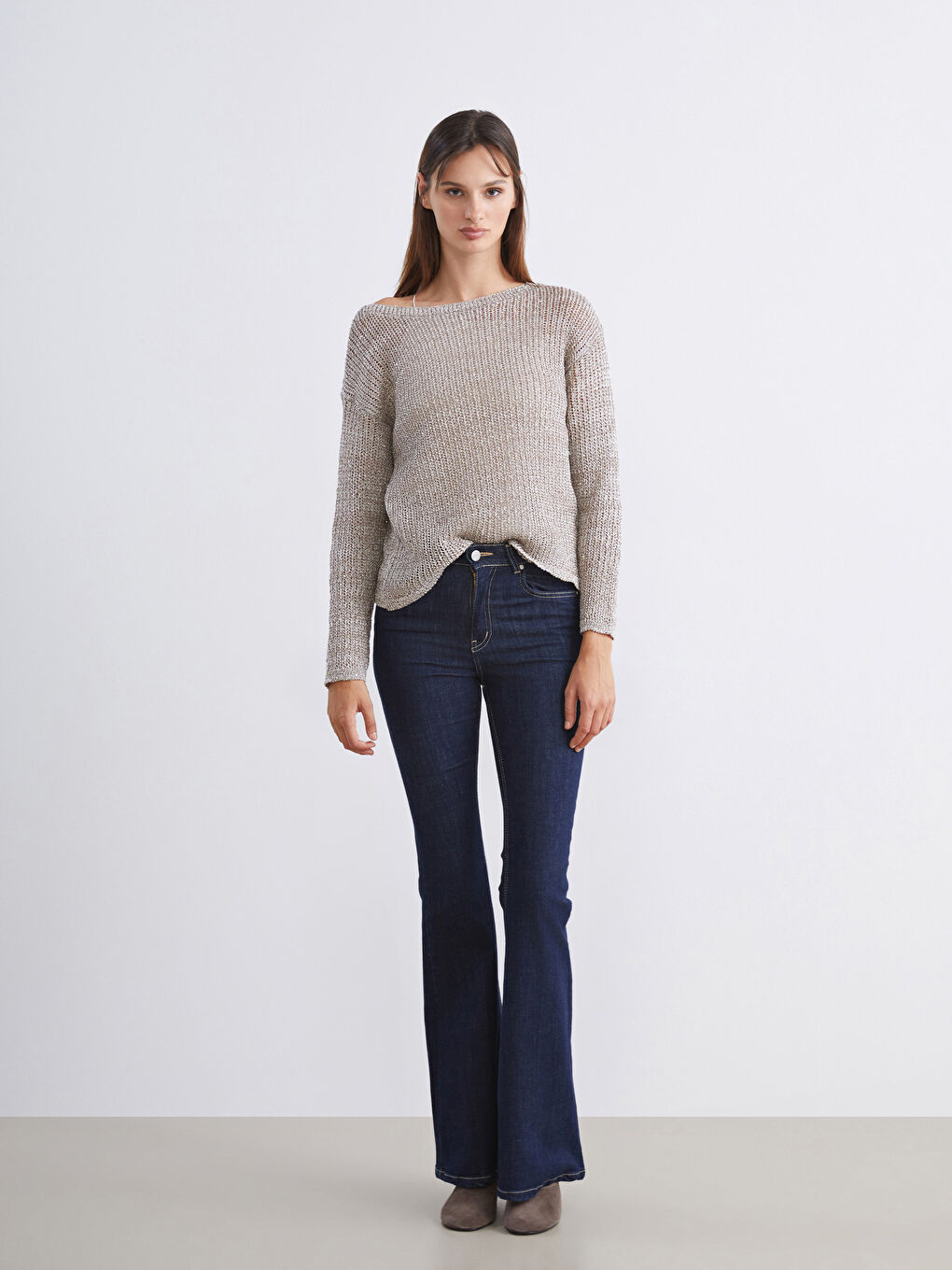 Sarı Kayık Yaka Ajurlu Kadın Triko Kazak-1