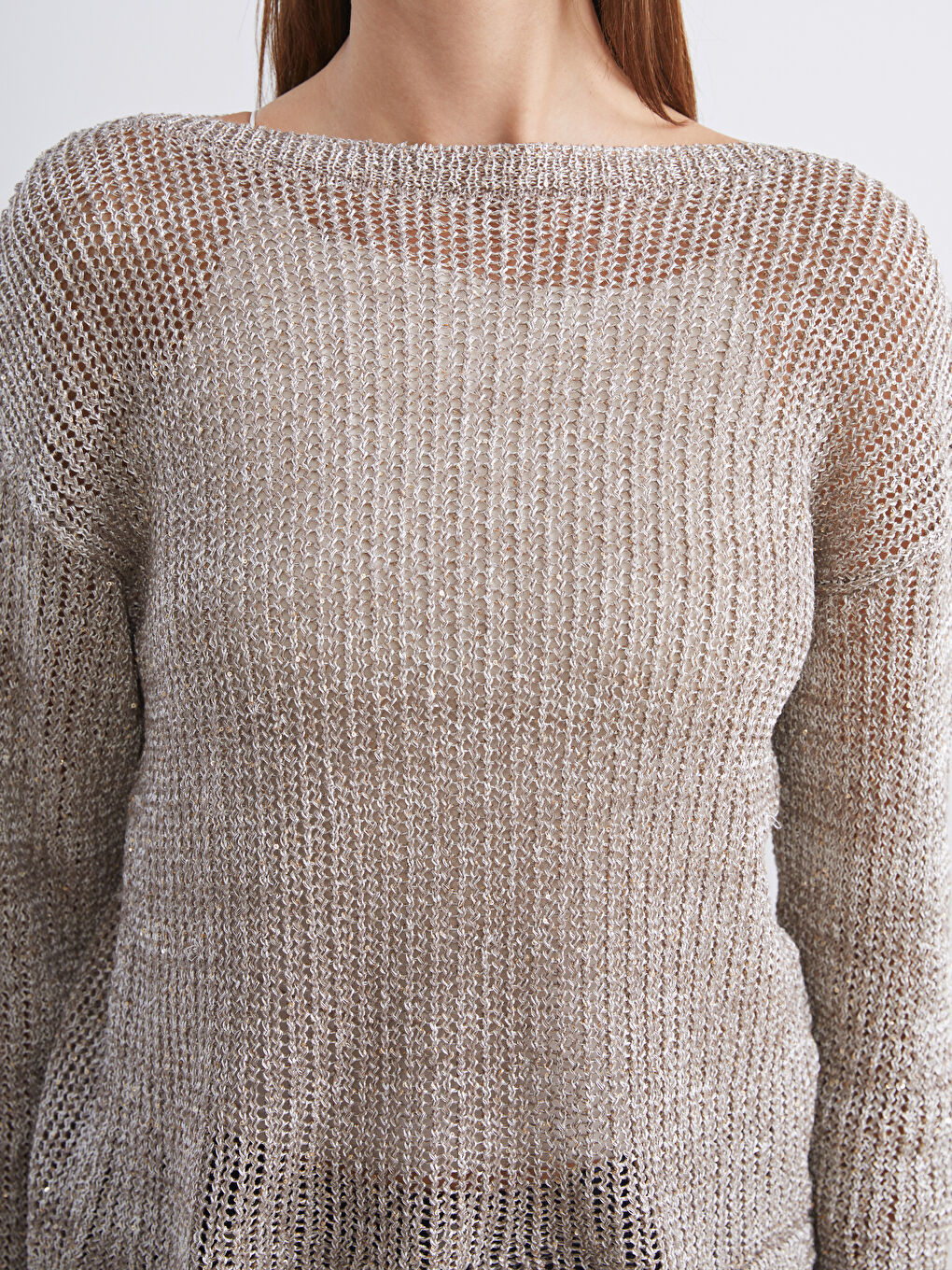 Sarı Kayık Yaka Ajurlu Kadın Triko Kazak-2