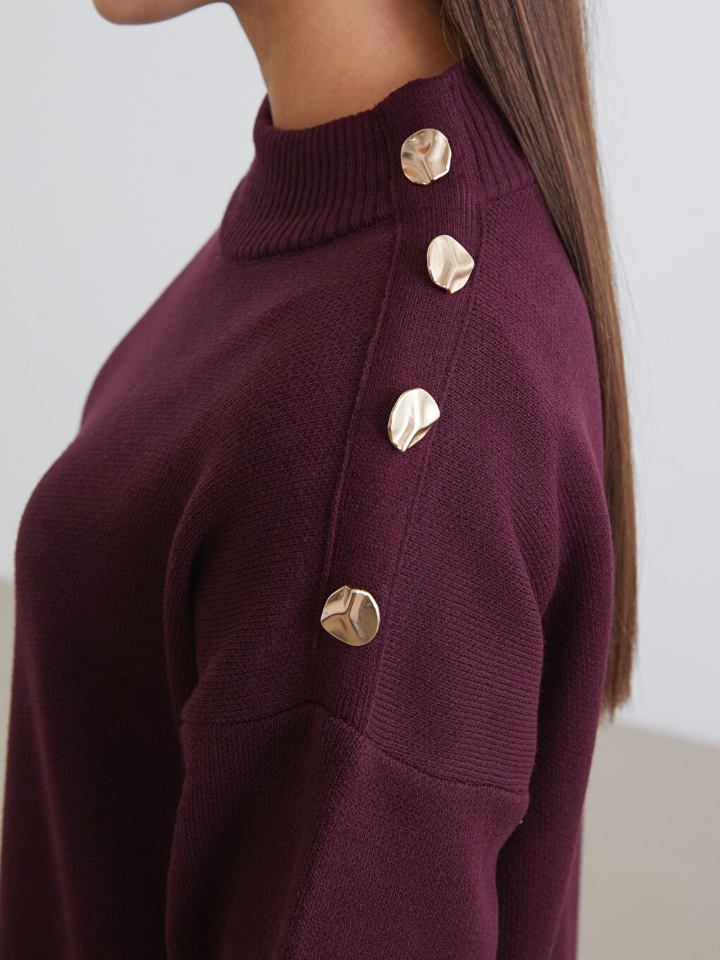 Bordo Dik Yaka Kadın Triko Tunik-2