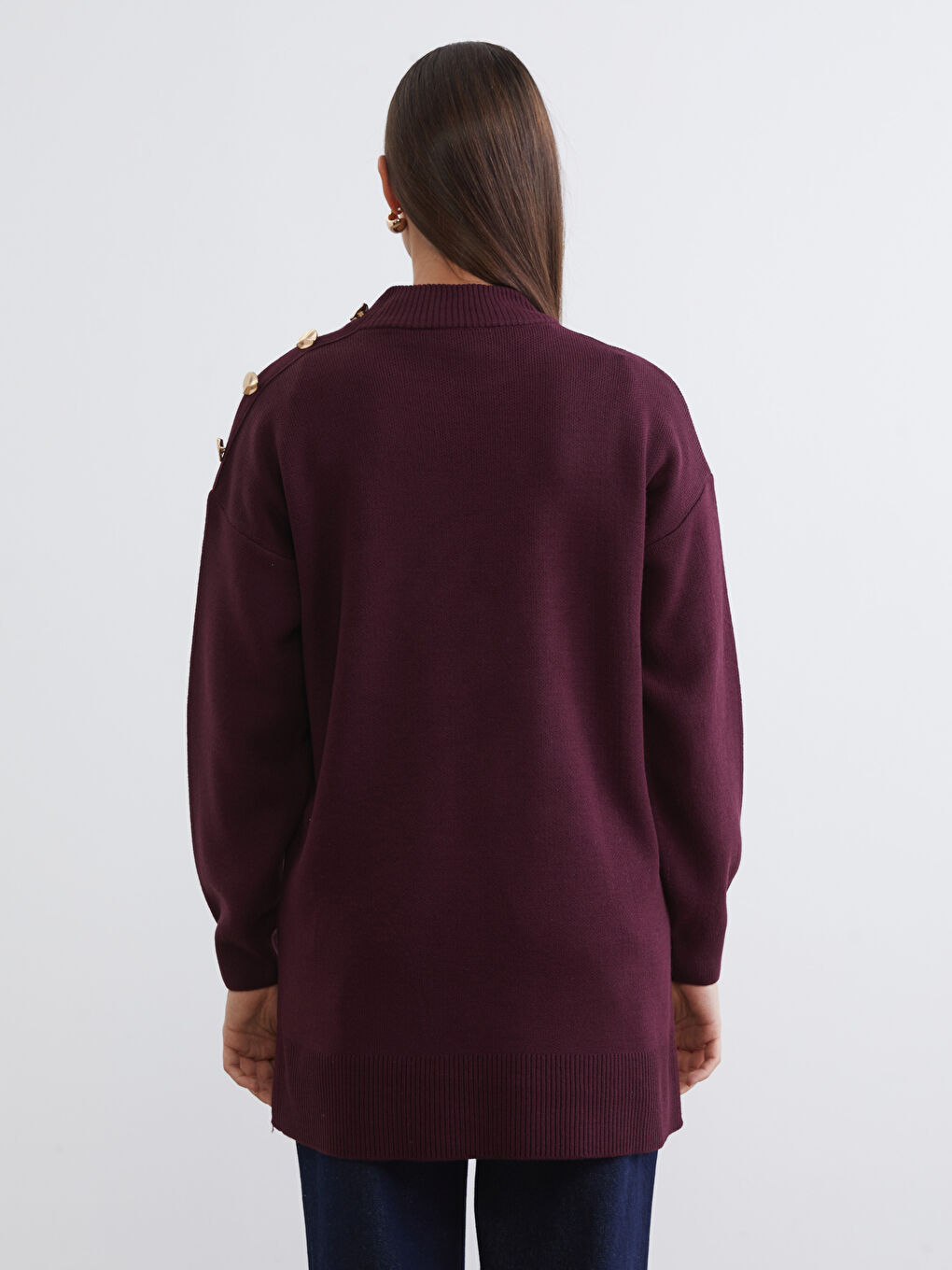 Bordo Dik Yaka Kadın Triko Tunik-3