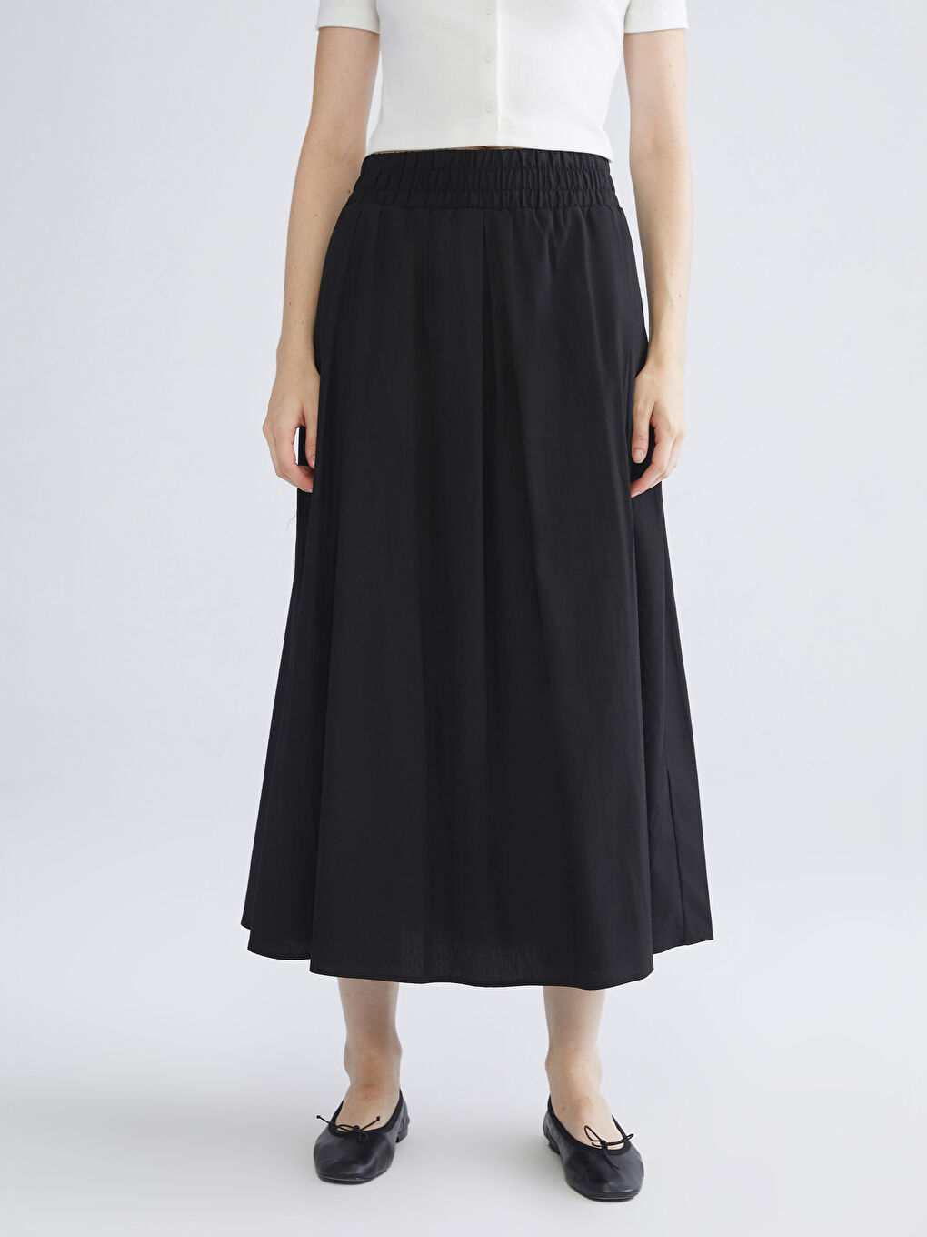 Siyah Beli Lastikli Poplin Kloş Etek-1