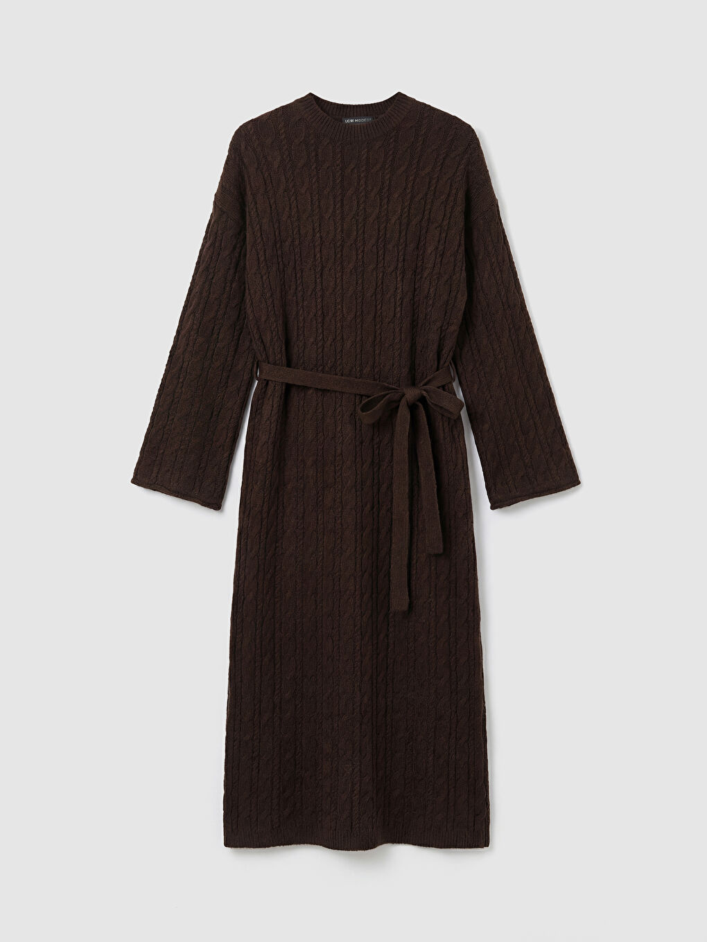 Kahverengi Bisiklet Yaka Kendinden Desenli Kuşaklı Triko Elbise