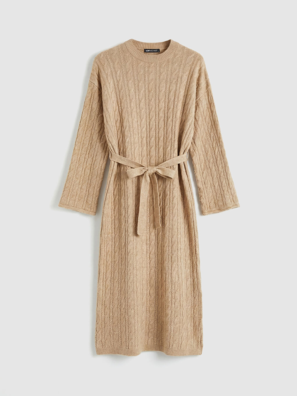 Bej Bisiklet Yaka Kendinden Desenli Kuşaklı Triko Elbise