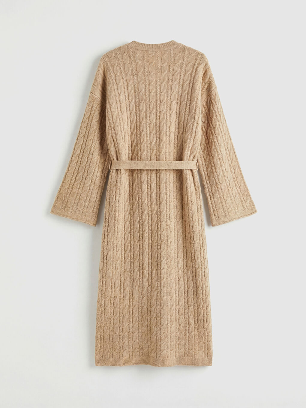 Bej Bisiklet Yaka Kendinden Desenli Kuşaklı Triko Elbise-1