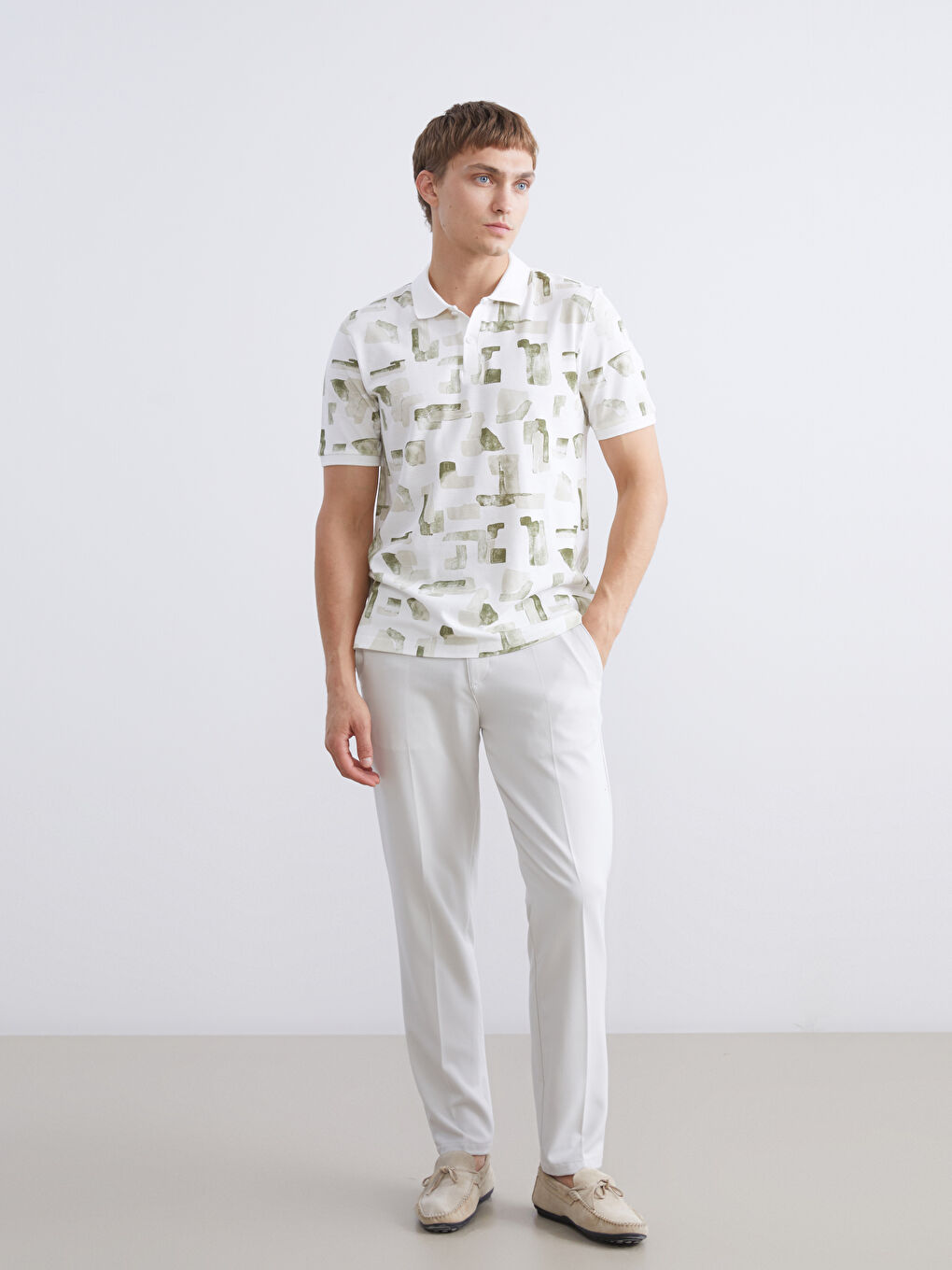 Yeşil Polo Yaka Desenli Pike Erkek Tişört-1