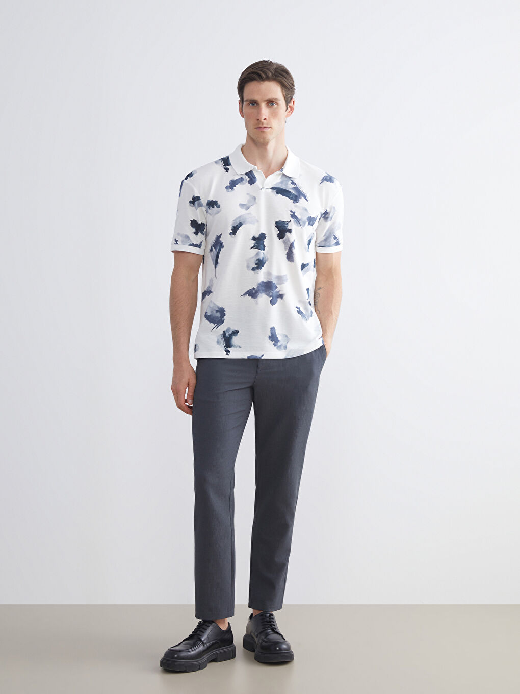 Lacivert Polo Yaka Desenli Pike Erkek Tişört-1