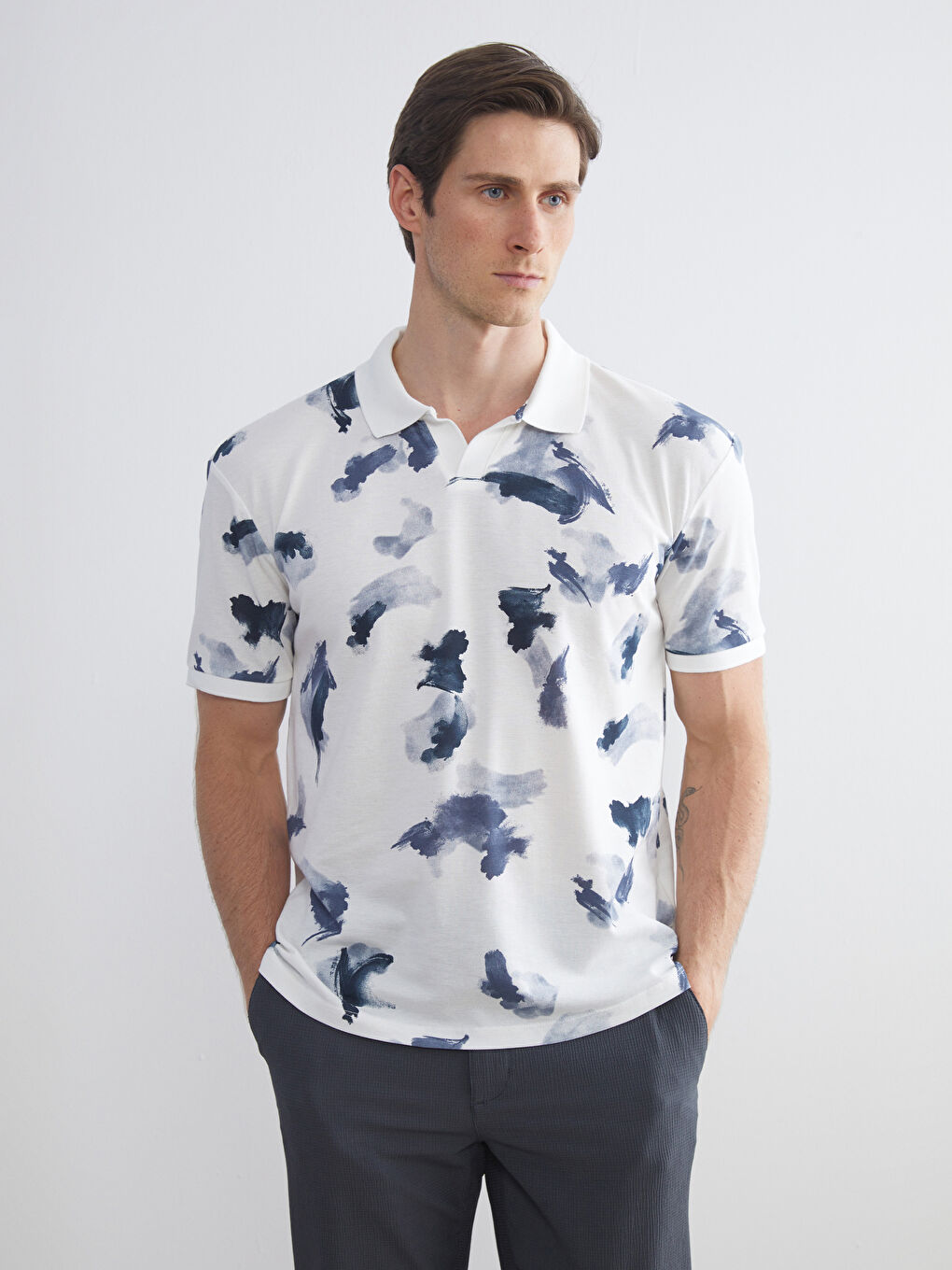 Lacivert Polo Yaka Desenli Pike Erkek Tişört-2