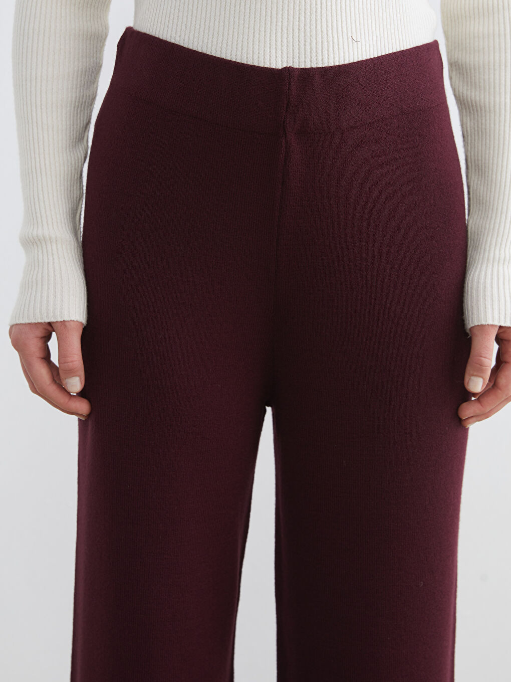 Bordo Beli Lastikli Geniş Paça Kadın Triko Pantolon-2