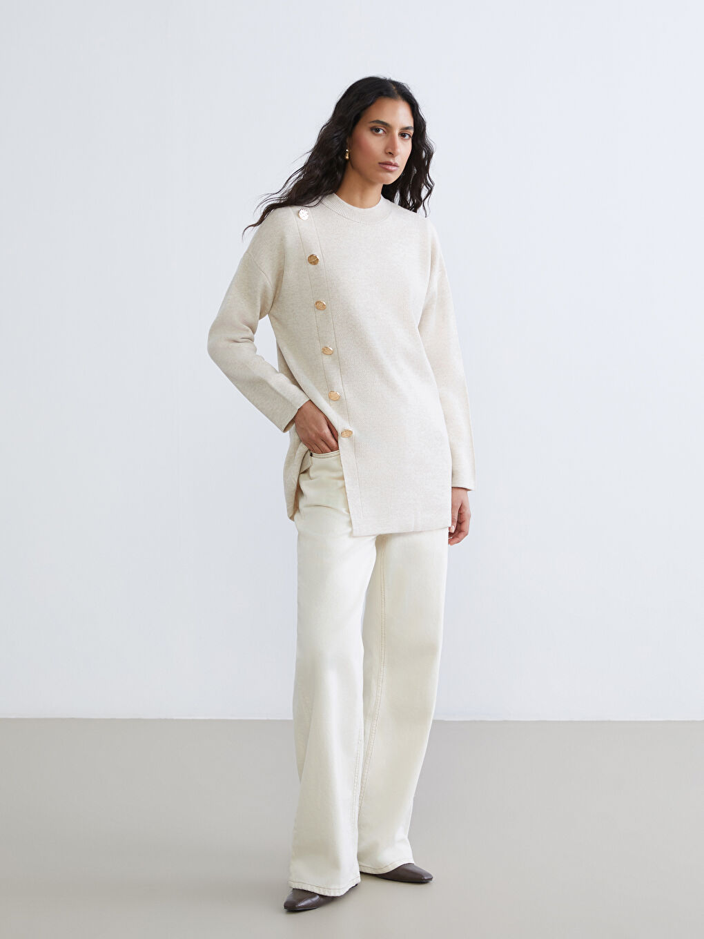 Ekru Bisiklet Yaka Kadın Triko Tunik-1