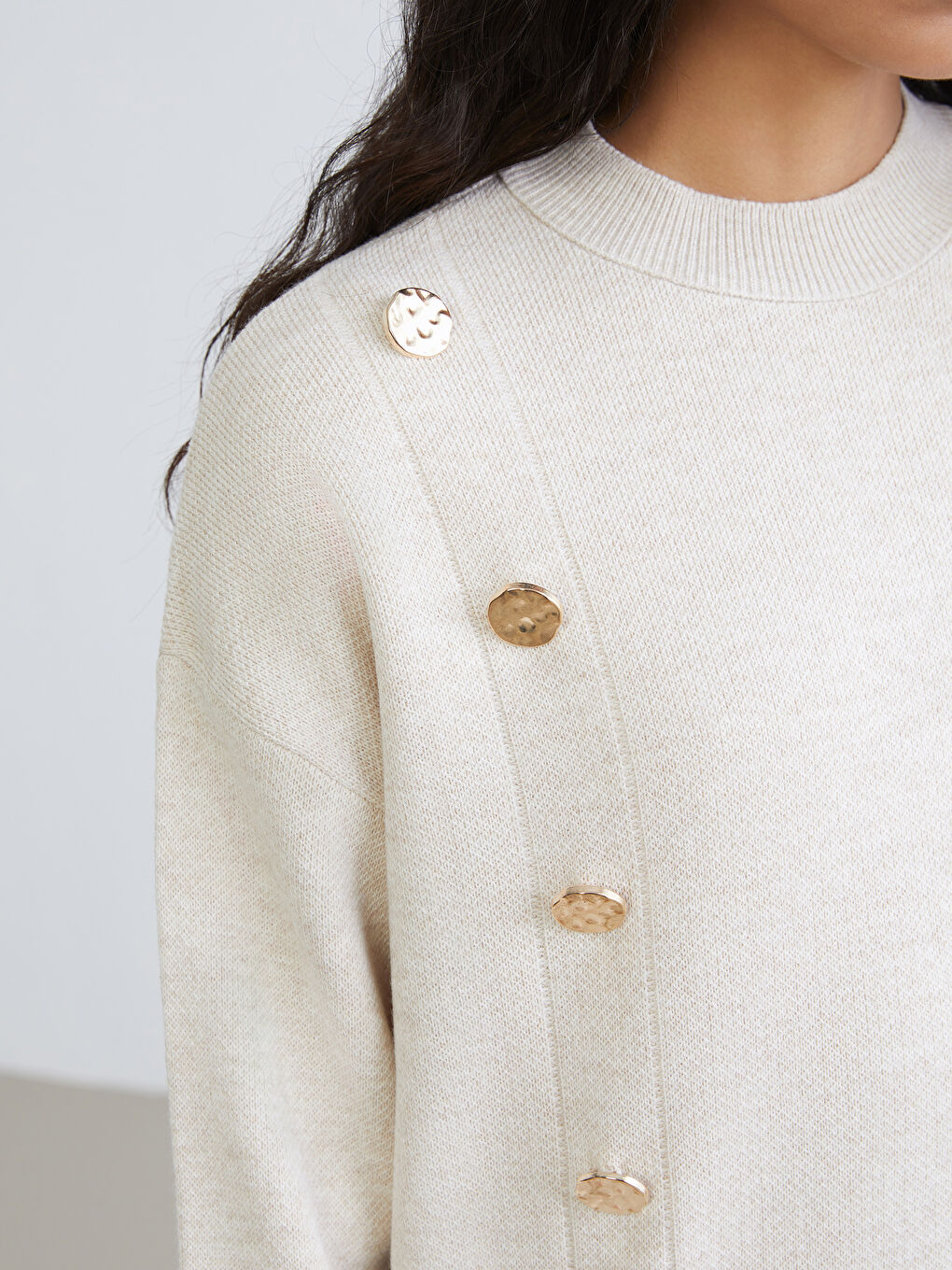 Ekru Bisiklet Yaka Kadın Triko Tunik-2