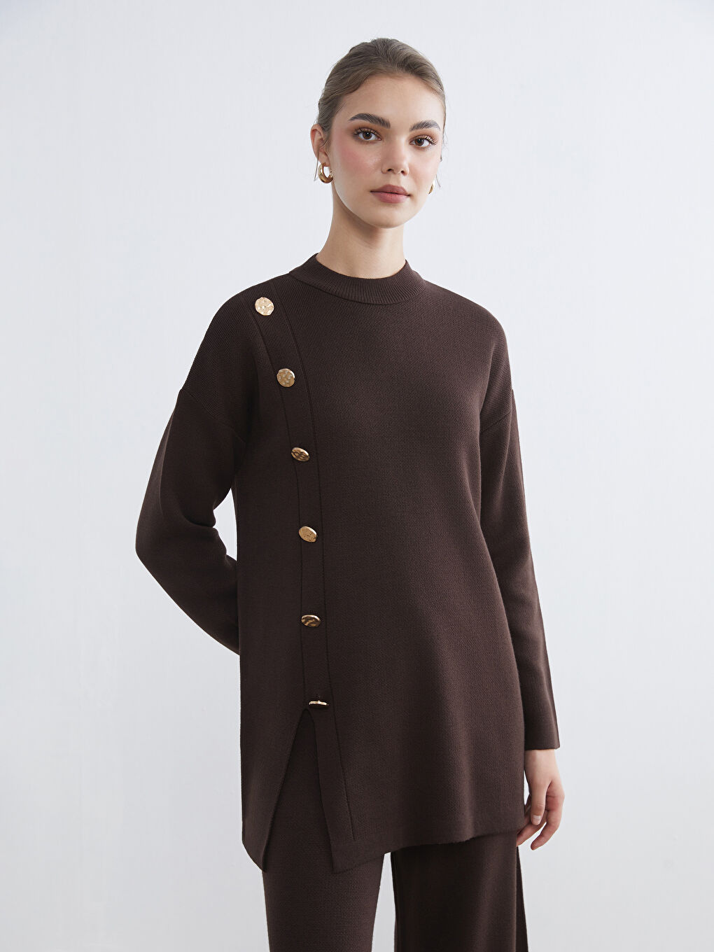 Kahverengi Bisiklet Yaka Kadın Triko Tunik