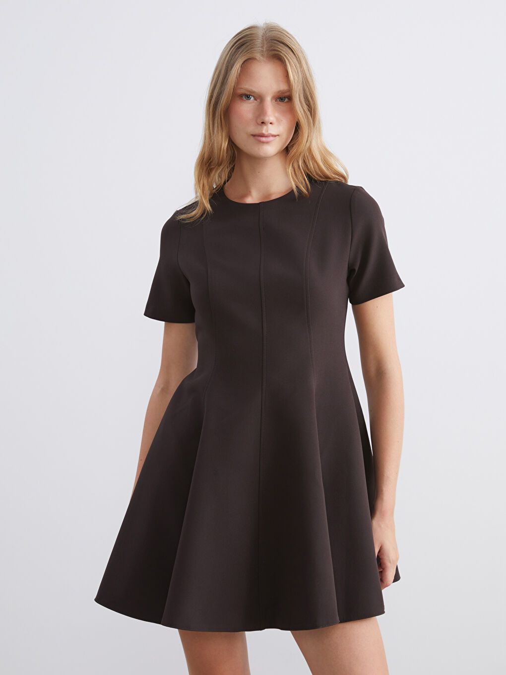 Kahverengi Bisiklet Yaka Peplum Mini Elbise-1