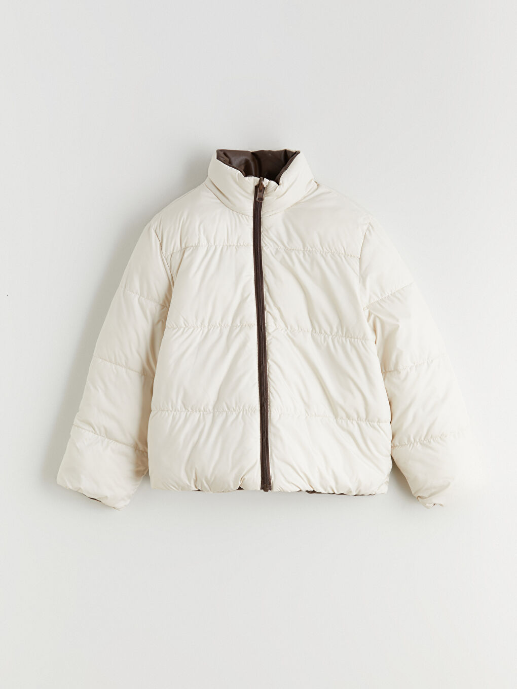 Ekru Deri Görünümlü Kız Çocuk Çift Taraflı Mont-1