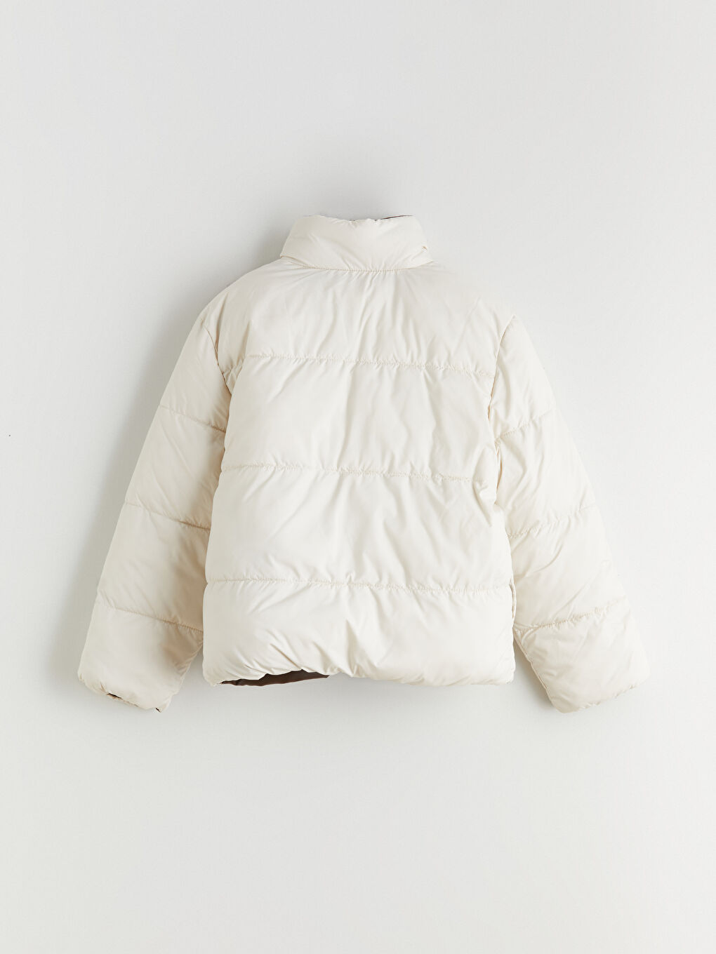 Ekru Deri Görünümlü Kız Çocuk Çift Taraflı Mont-4